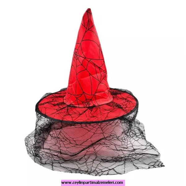 Siyah Tüllü Kırmızı Cadı Şapkası